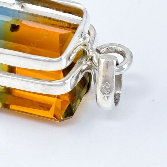 Vintage Sterling Silver 925 Orange Blue Ametrine Emerald Cut Pendant - Picture 5 of 7